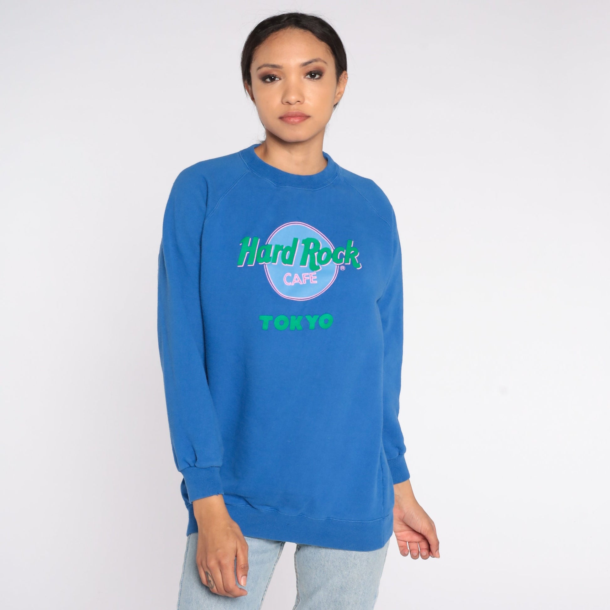 90s Hard Rock Cafe Tokyo Japan Raglan Sweatshirt Blue Graphic Pullover Extra Large
