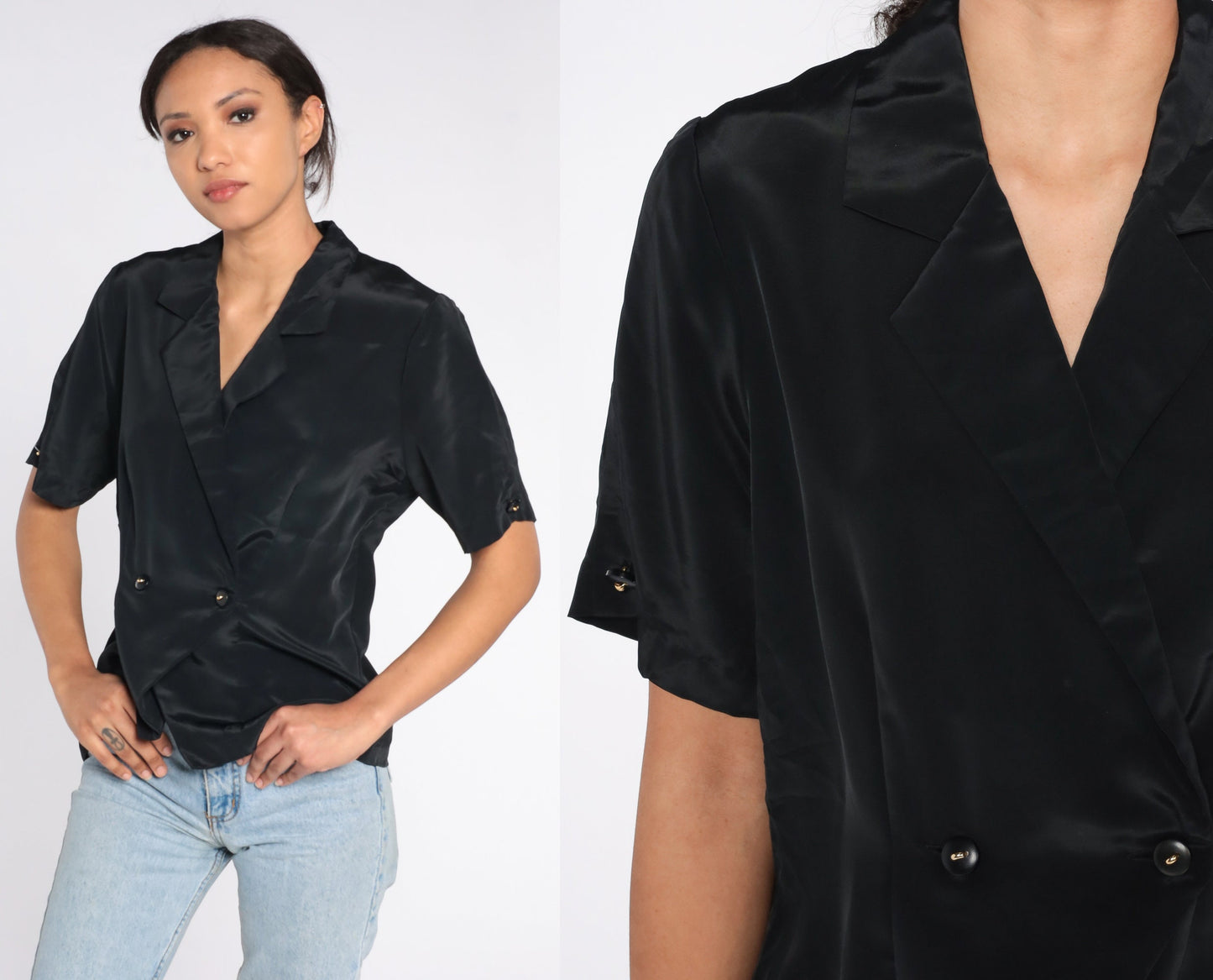 80s Black Wrap Blouse Double Breasted V Neck Short Sleeve Medium