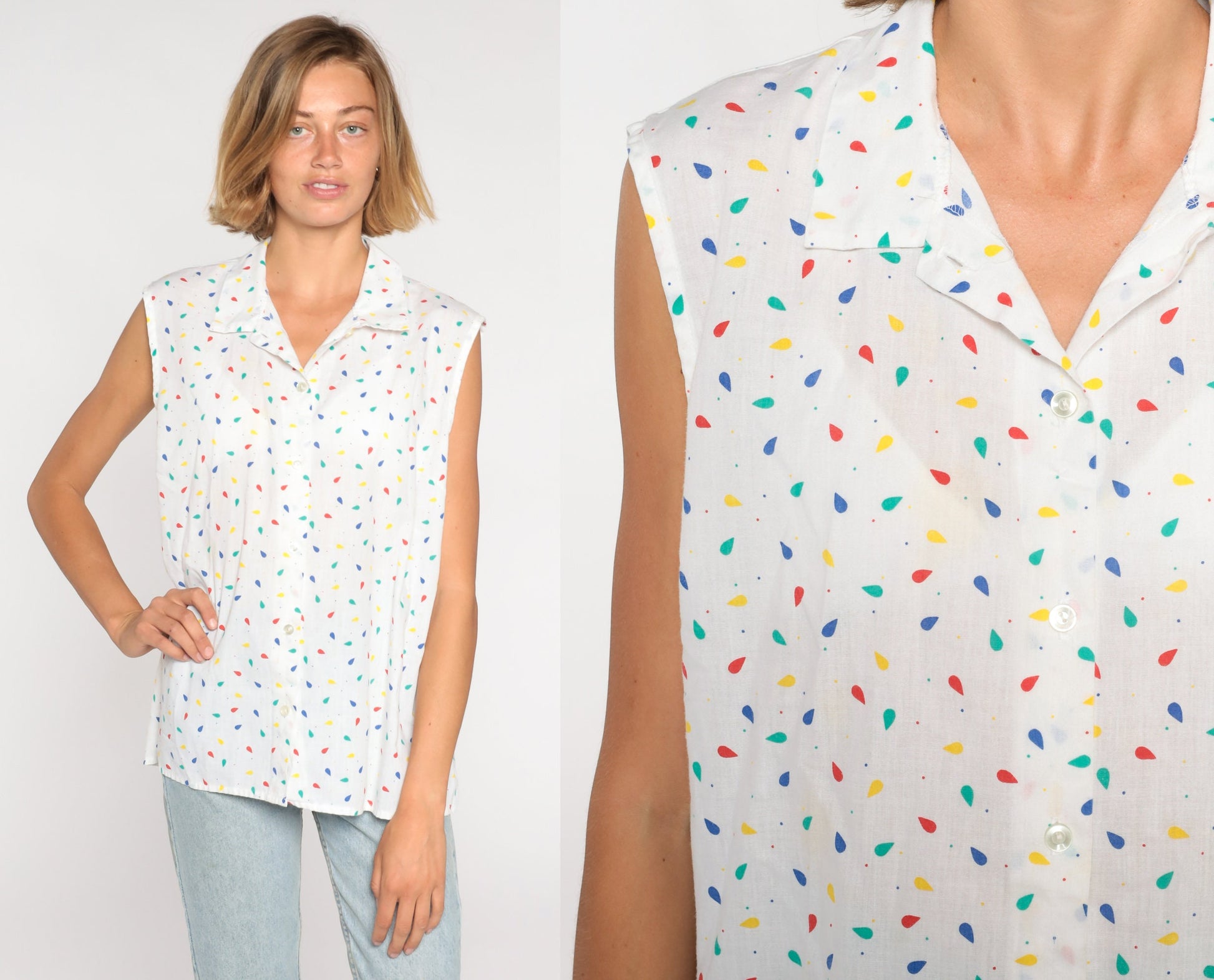 80s Confetti Print White Button-Up Sleeveless Blouse Collared Tank Large