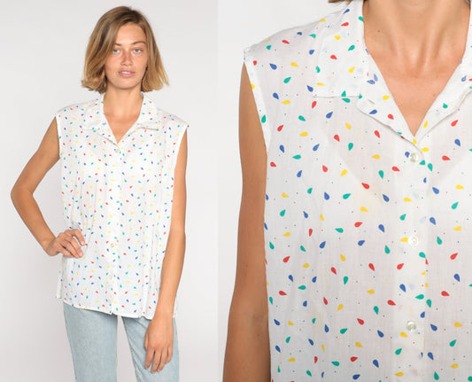 80s Confetti Print White Button-Up Sleeveless Blouse Collared Tank Large