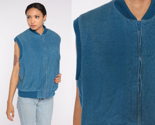 80s Blue Corduroy Puffer Vest Insulated Zip Sleeveless Large