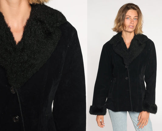 90s Black Faux Suede Jacket Faux Fur Trim Button Up Small
