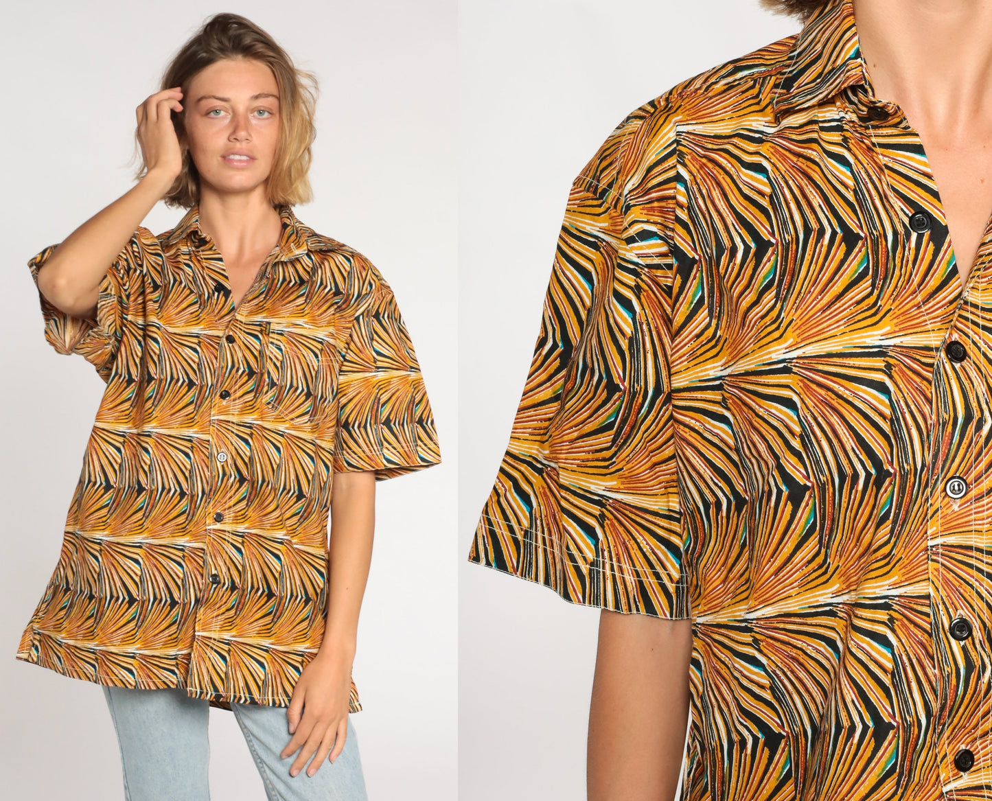 80s Abstract Op Art Button-Up Shirt Yellow Psychedelic Print Cotton Large