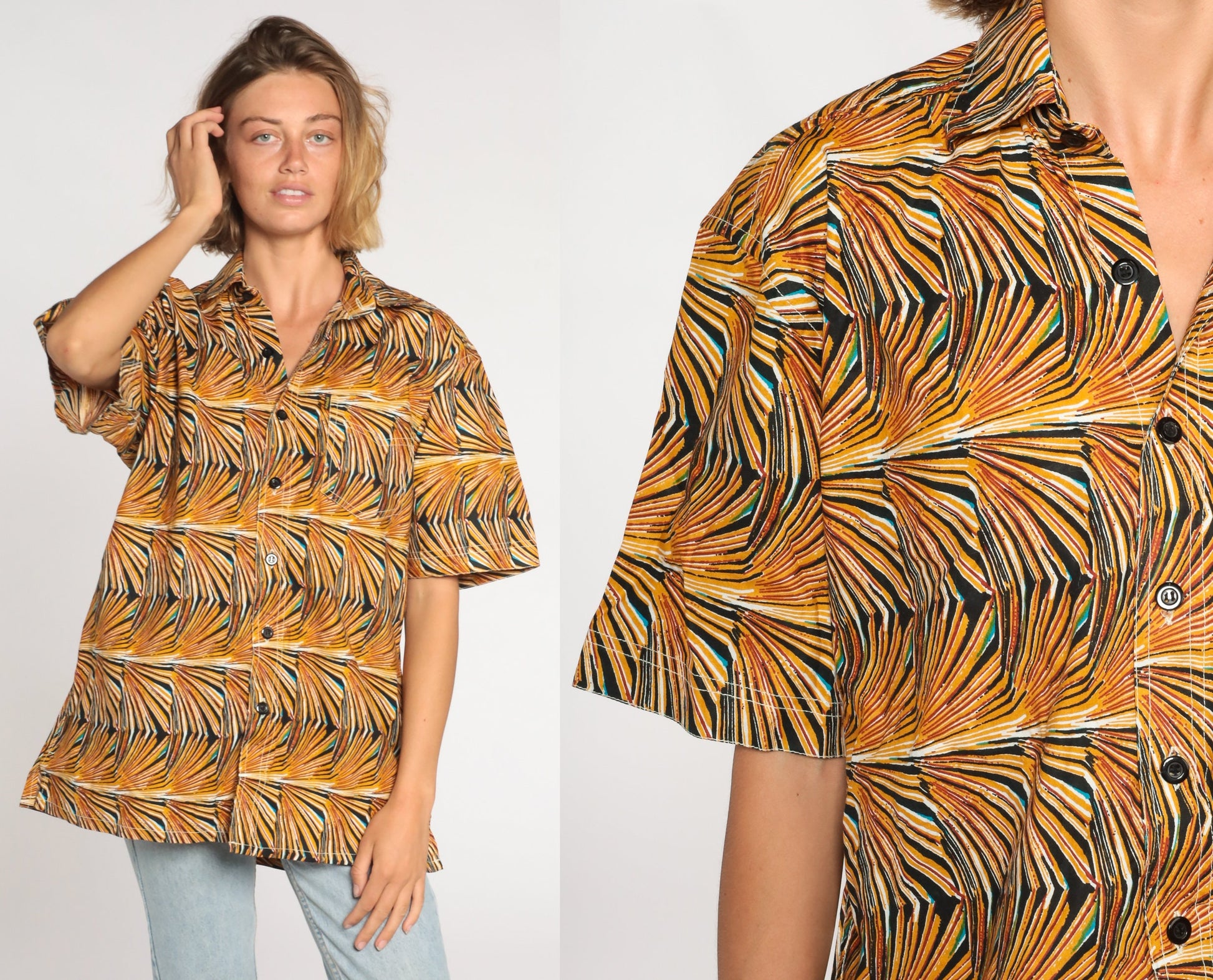 80s Abstract Op Art Button-Up Shirt Yellow Psychedelic Print Cotton Large