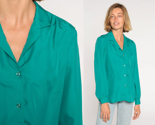80s Green Button-Up Blouse Long Sleeve Collared Shirt Medium