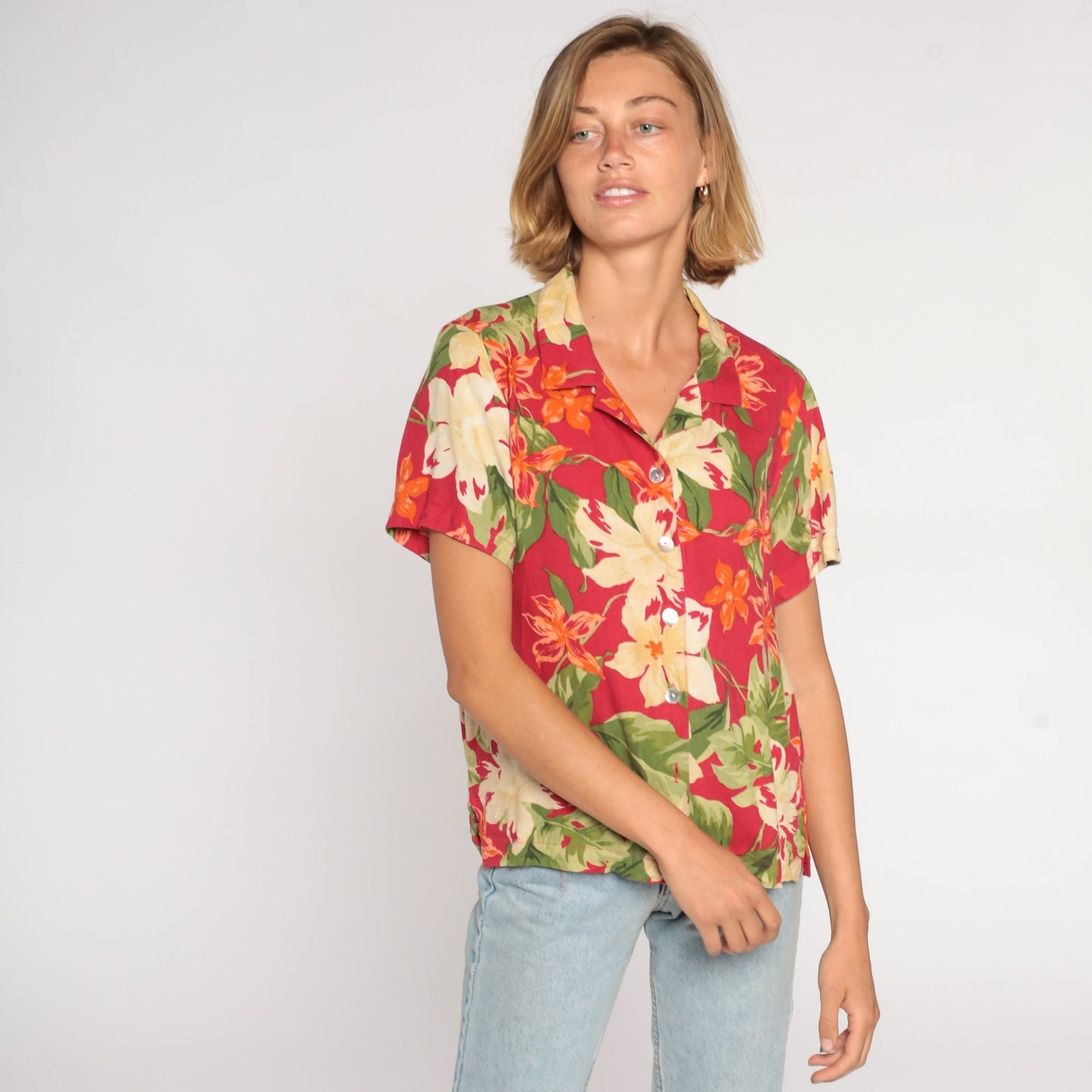 00s Tropical Floral Button Up Blouse Red Orchid Leaf Print Silk Rayon Large