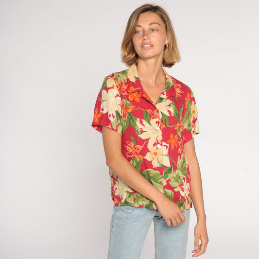 00s Tropical Floral Button Up Blouse Red Orchid Leaf Print Silk Rayon Large