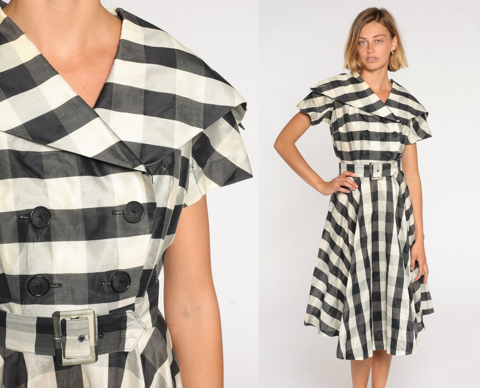 1950s Black White Gingham Midi Dress Double Breasted Sailor Collar High Waisted Medium