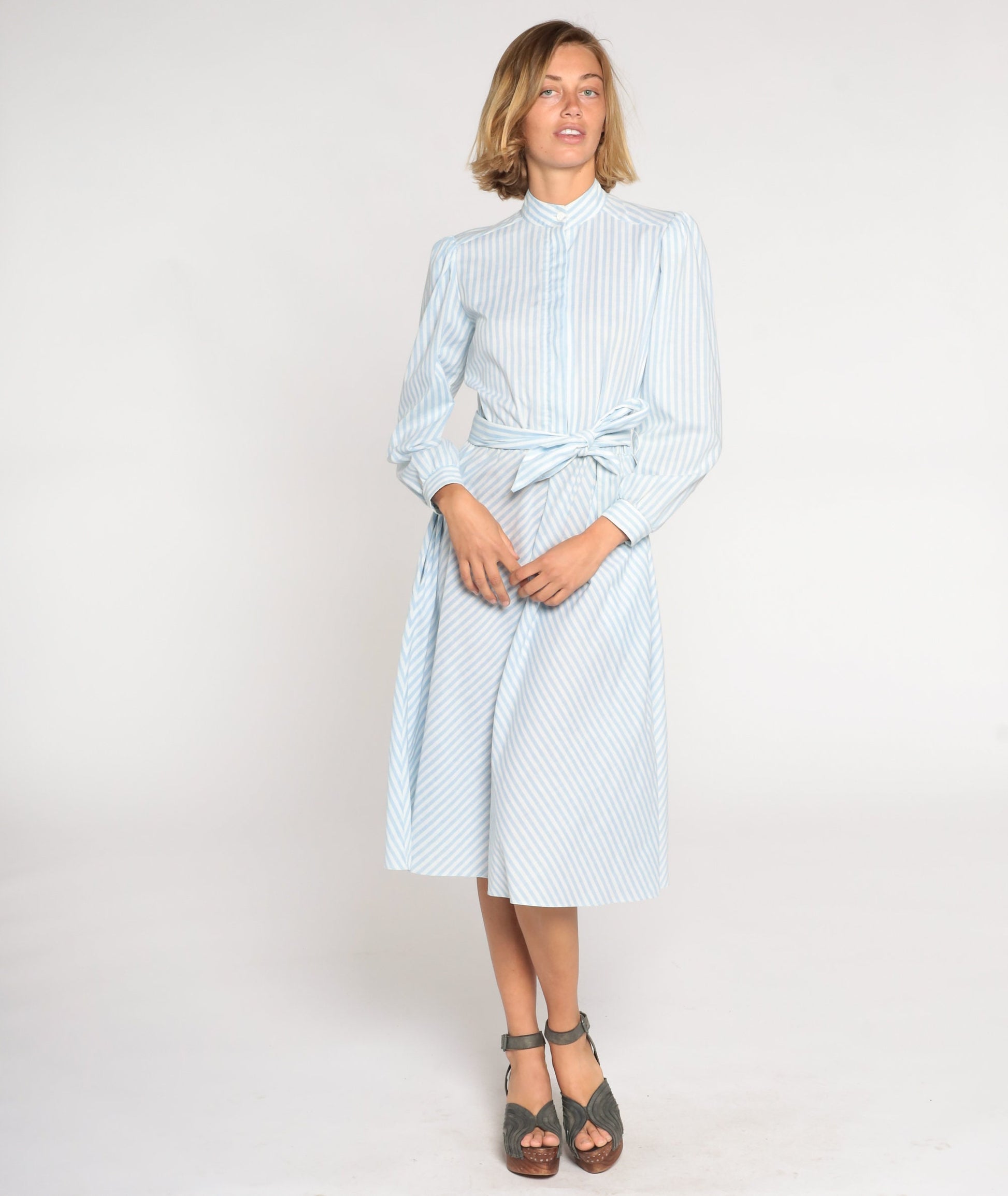 80s Blue White Striped Midi Shirtdress High Waist Puff Sleeve Medium