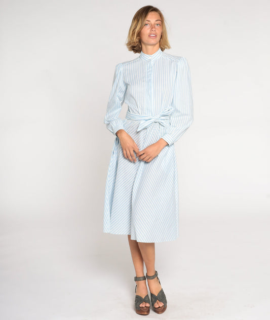 80s Blue White Striped Midi Shirtdress High Waist Puff Sleeve Medium