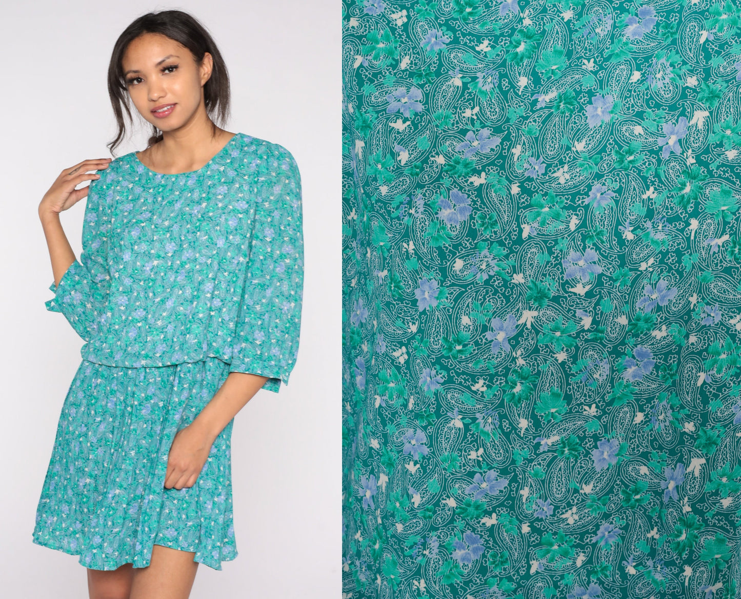 80s Green Paisley Floral Mini Dress High Waist Pleated 3/4 Puff Sleeve Medium