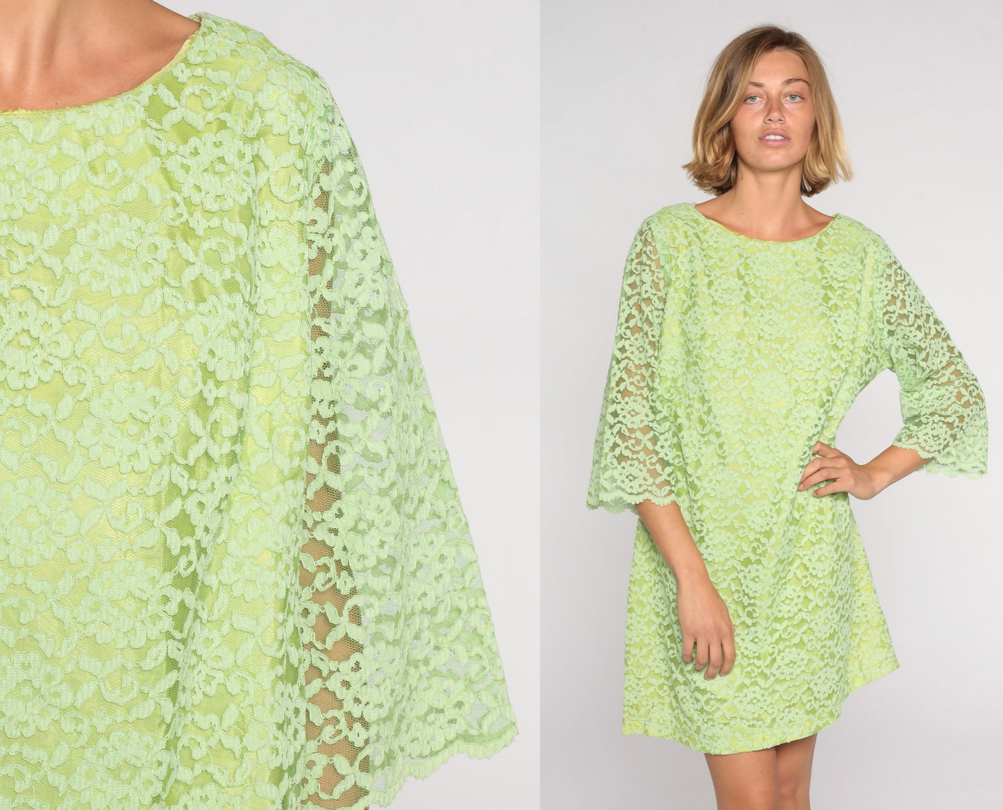 60s M'Lady Couture Lime Green Lace Mini Dress Shift Sheer Sleeve Large