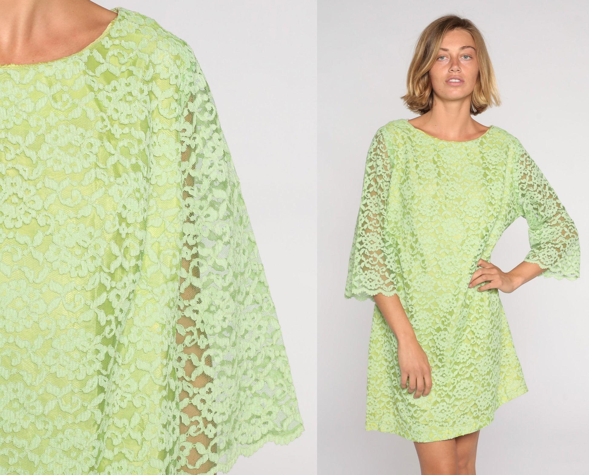 60s M'Lady Couture Lime Green Lace Mini Dress Shift Sheer Sleeve Large