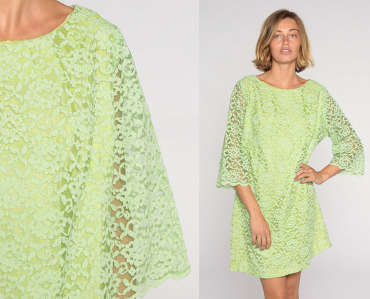 60s M'Lady Couture Lime Green Lace Mini Dress Shift Sheer Sleeve Large