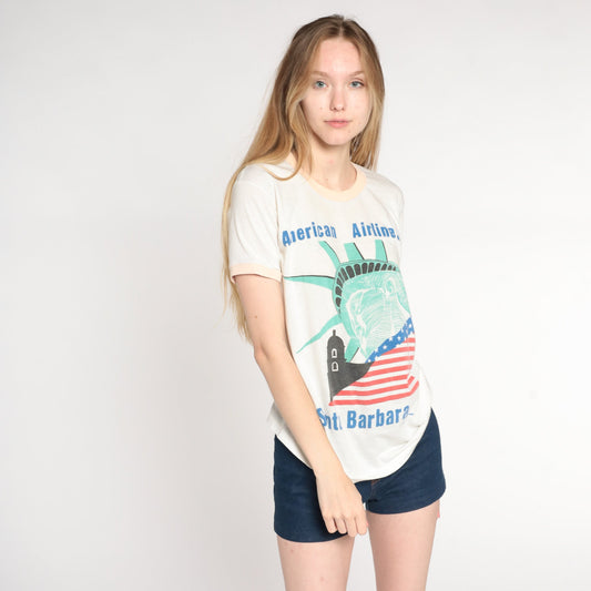 80s American Airlines Santa Barbara Statue of Liberty Graphic T-Shirt Cotton Medium