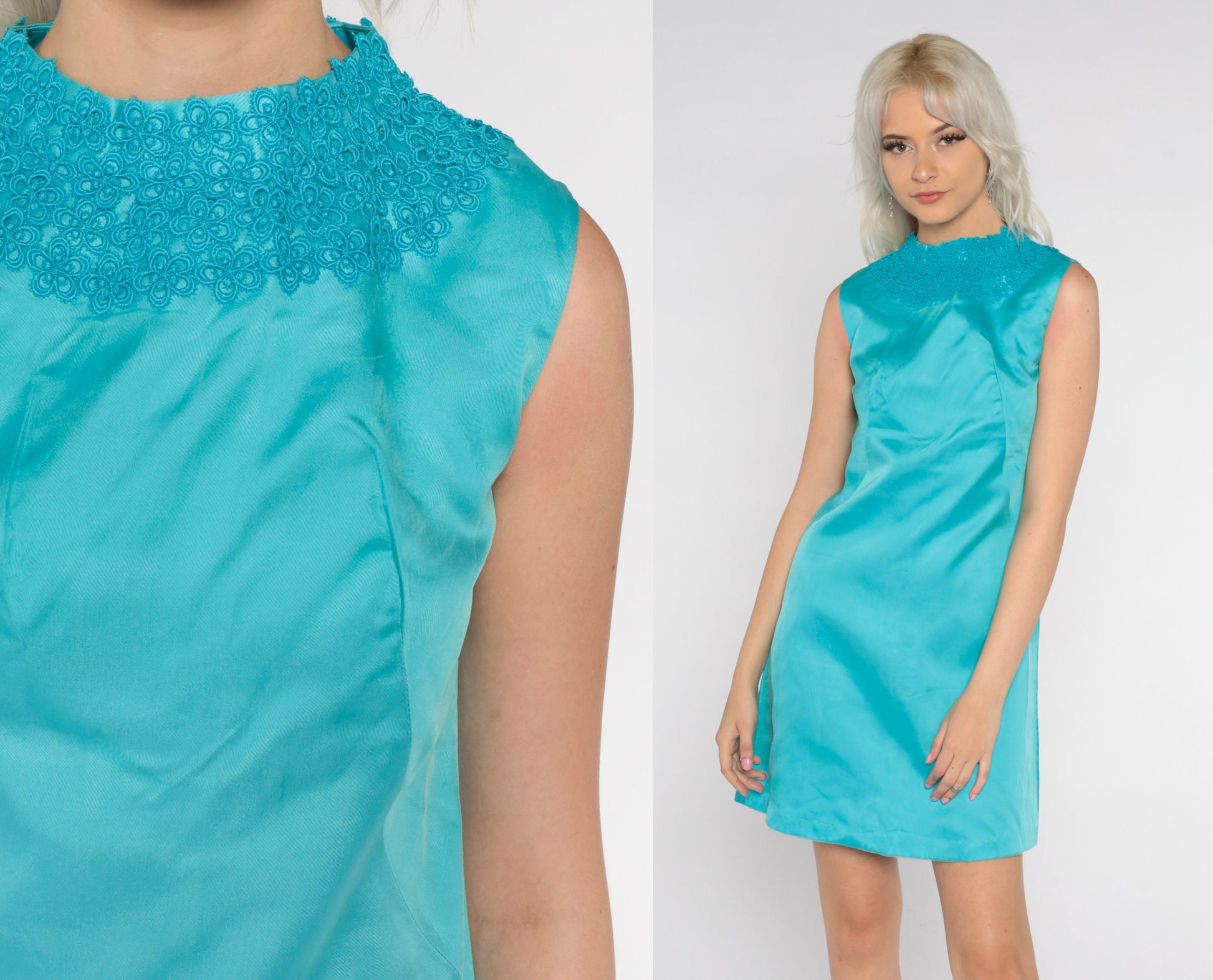 60s Mod Mini Dress Blue Floral Lace Sleeveless Sheath Extra Small XS