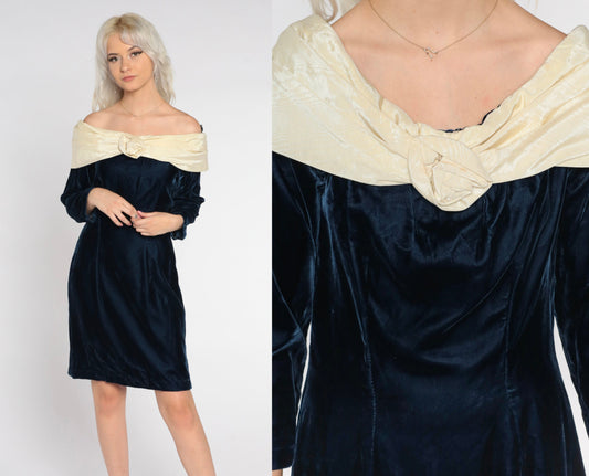 60s Blue Velvet Mini Dress Shift Cream Rosette 3/4 Sleeve Medium M