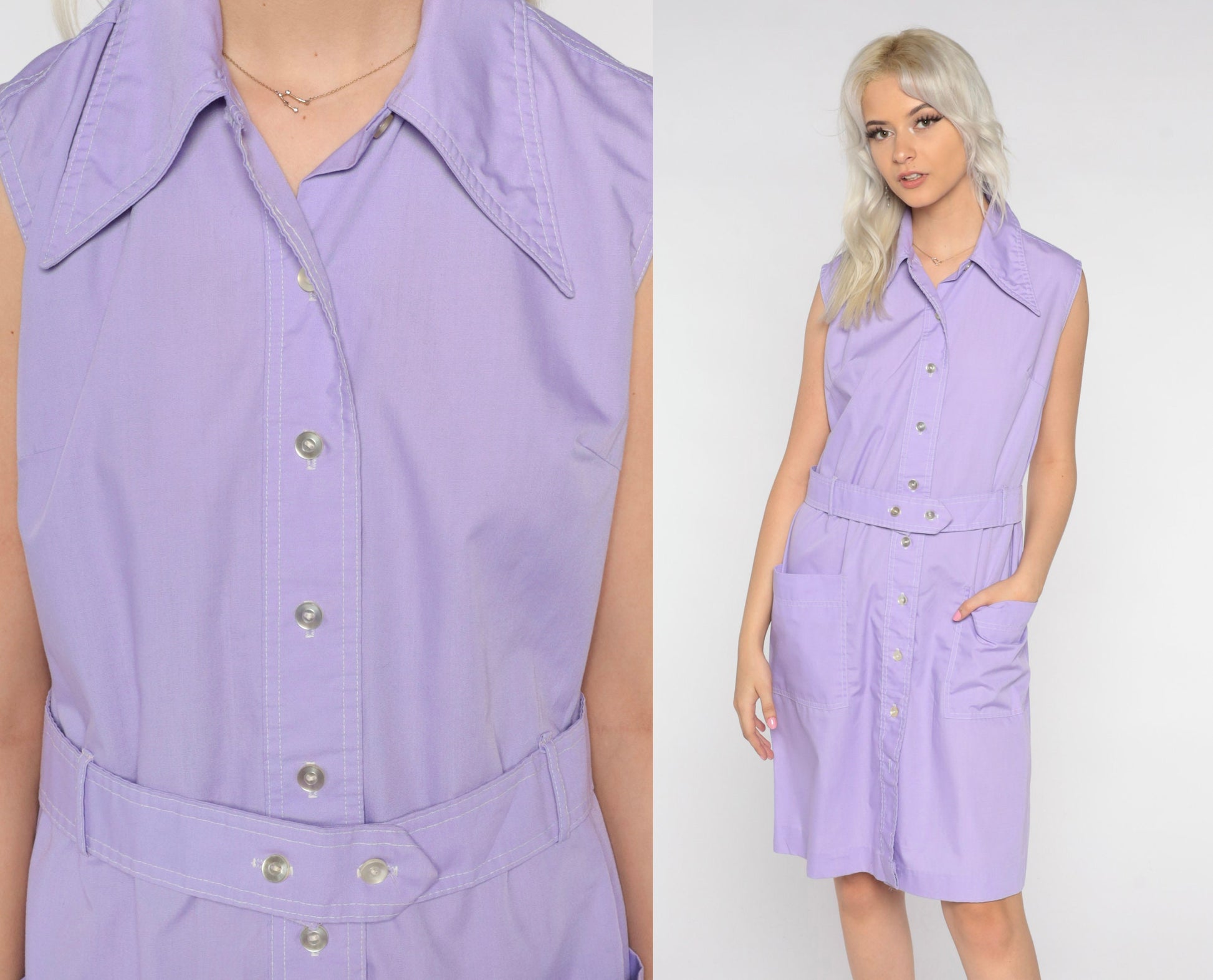 70s Lavender Button-Up Shirtdress Dagger Collar Sleeveless Mini Shift Medium