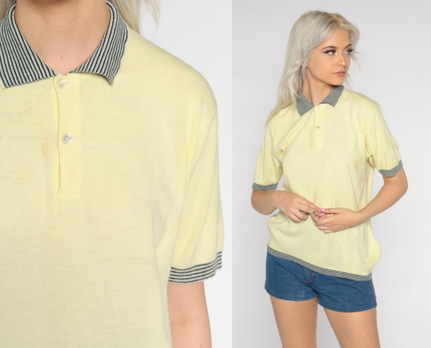 80s Yellow Knit Polo Shirt Striped Collar Ringer Trim Medium