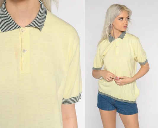 80s Yellow Knit Polo Shirt Striped Collar Ringer Trim Medium
