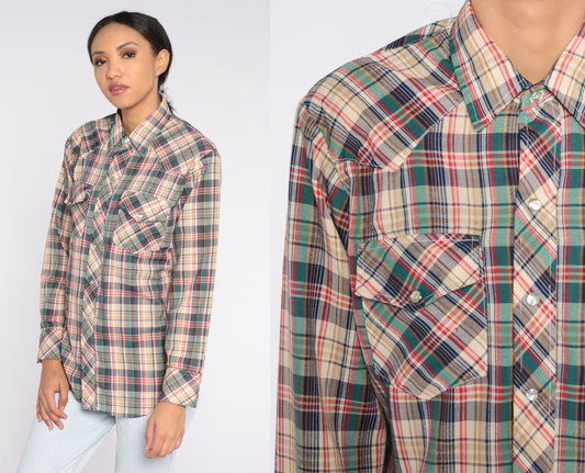 80s Mad Man Plaid Pearl Snap Western Shirt Long Sleeve Medium