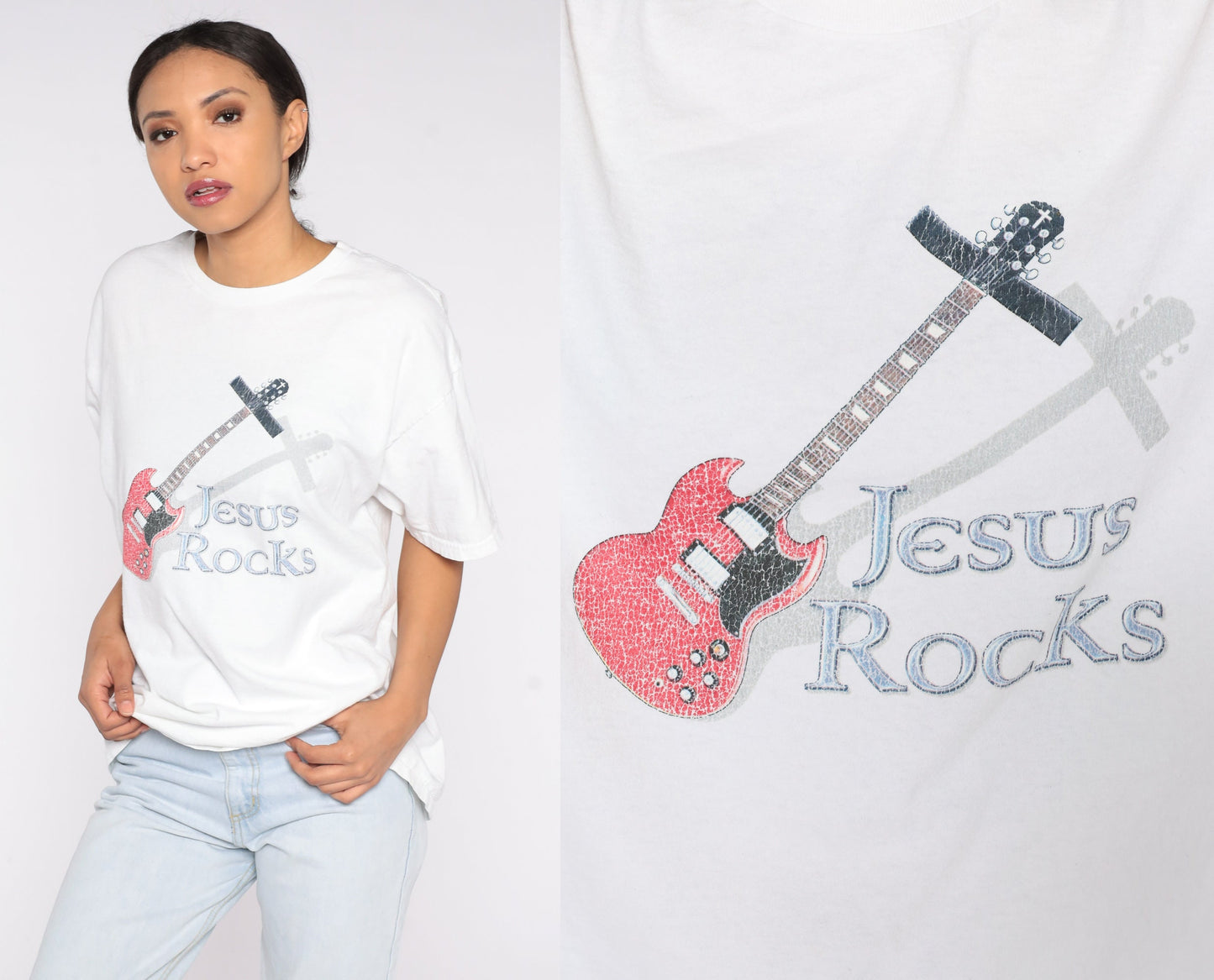 Y2K Jesus Rocks Guitar Graphic T-Shirt Christian Tee Extra Large XL