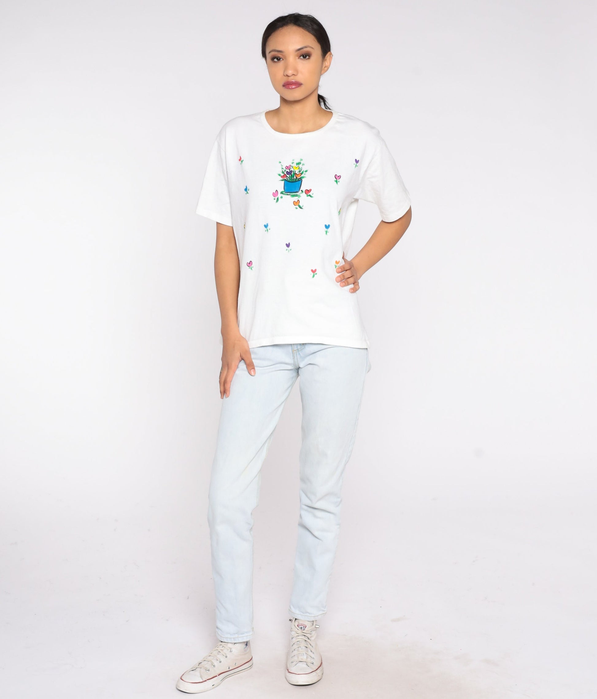 90s Floral Heart Flower Pot Cotton T-Shirt Tulip Graphic Tee Medium