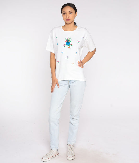 90s Floral Heart Flower Pot Cotton T-Shirt Tulip Graphic Tee Medium
