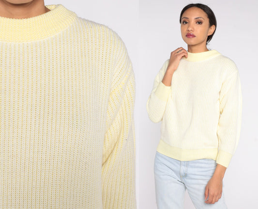 80s Yellow & White Knit Crewneck Sweater Pullover Small