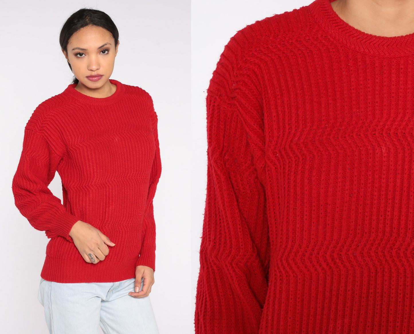 80s Saugatuck Red Knit Sweater Wavy Textured Crewneck Medium M