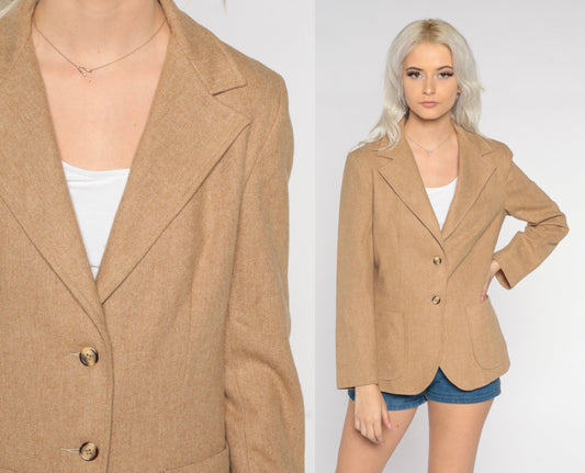 70s Wool Blazer Tan Button-Up Jacket Orange Lining Small