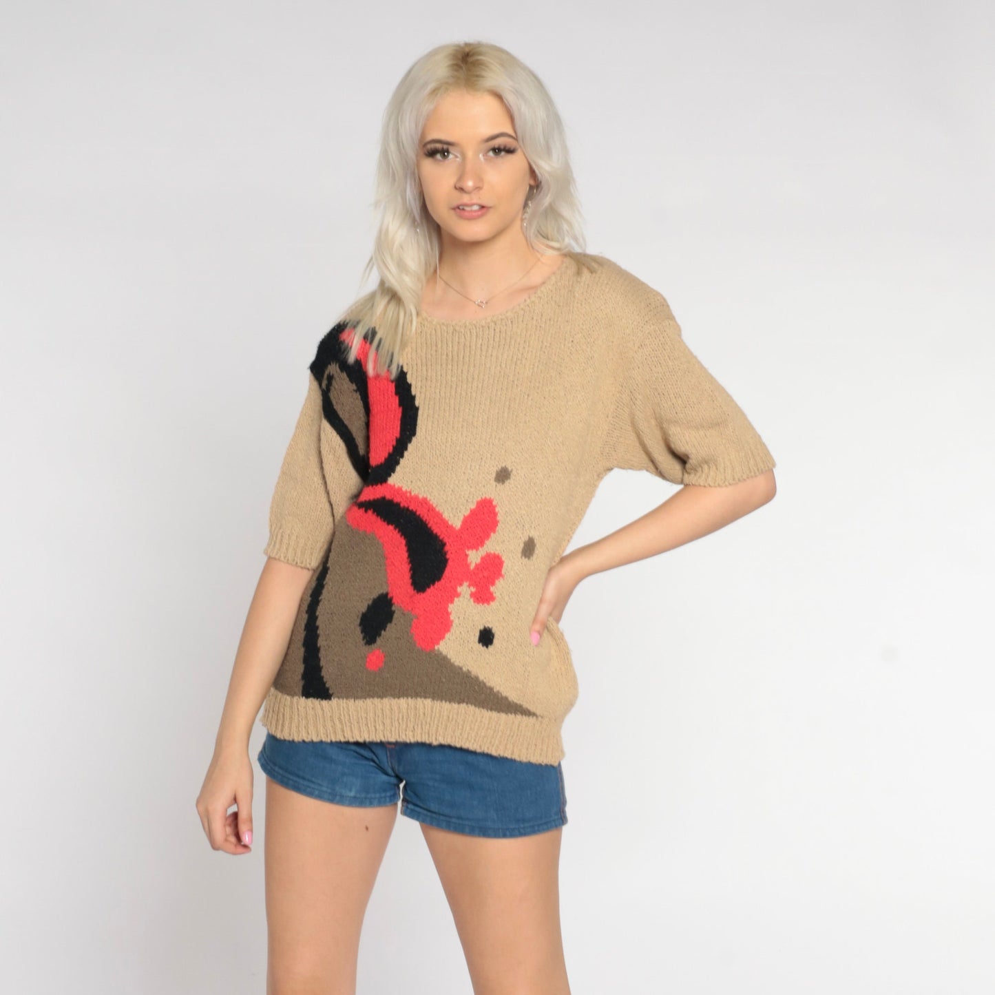 80s Tan Paisley Knit Top Short Sleeve Sweater Small S
