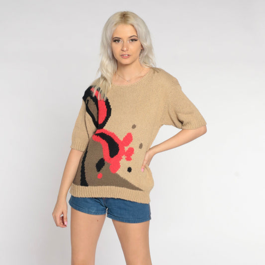 80s Tan Paisley Knit Top Short Sleeve Sweater Small S