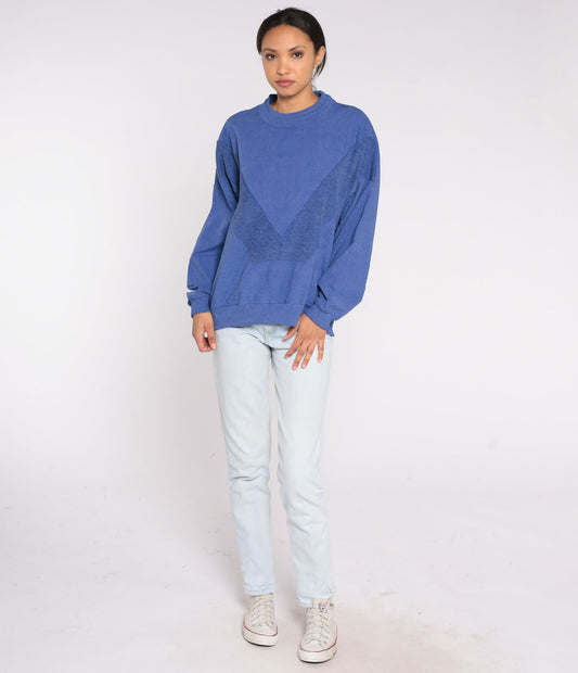 90s Blue Chevron Woven Crewneck Sweatshirt Pullover Men's Large