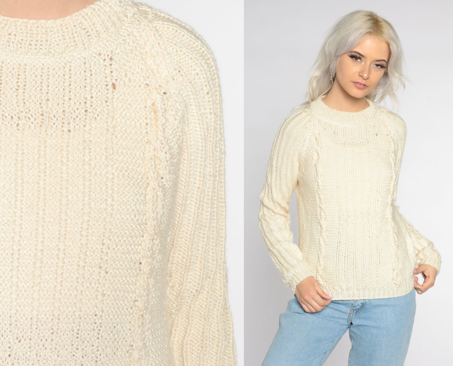 90s Cream Cable Knit Crewneck Pullover Sweater Small S