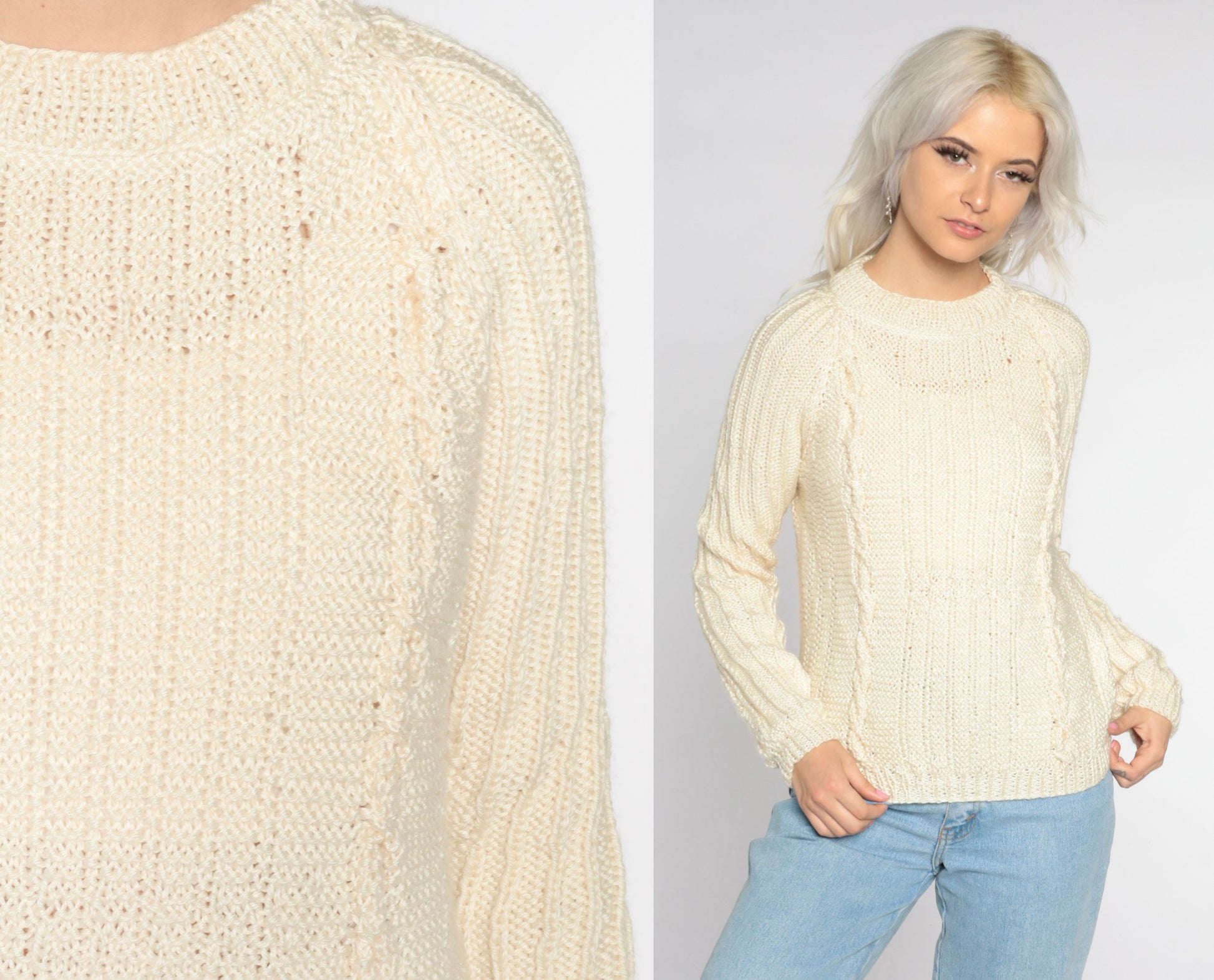90s Cream Cable Knit Crewneck Pullover Sweater Small S