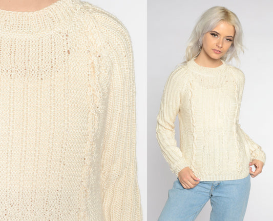 90s Cream Cable Knit Crewneck Pullover Sweater Small S
