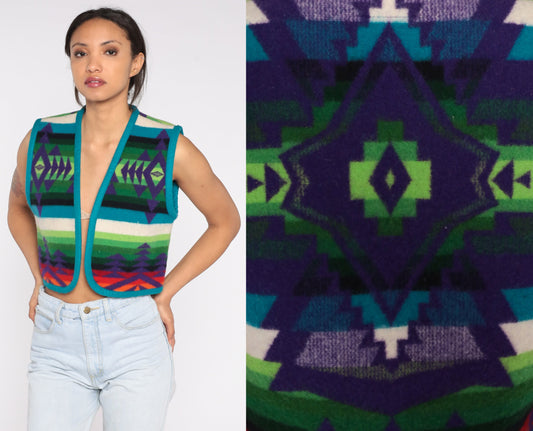 90s Southwestern Blanket Print Vest Cropped Open Front Small
