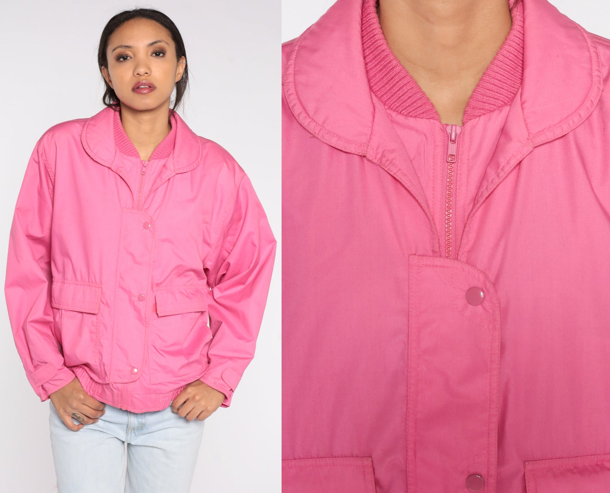 80s Bright Pink Windbreaker Jacket Snap Zip Front Spring Coat Large L