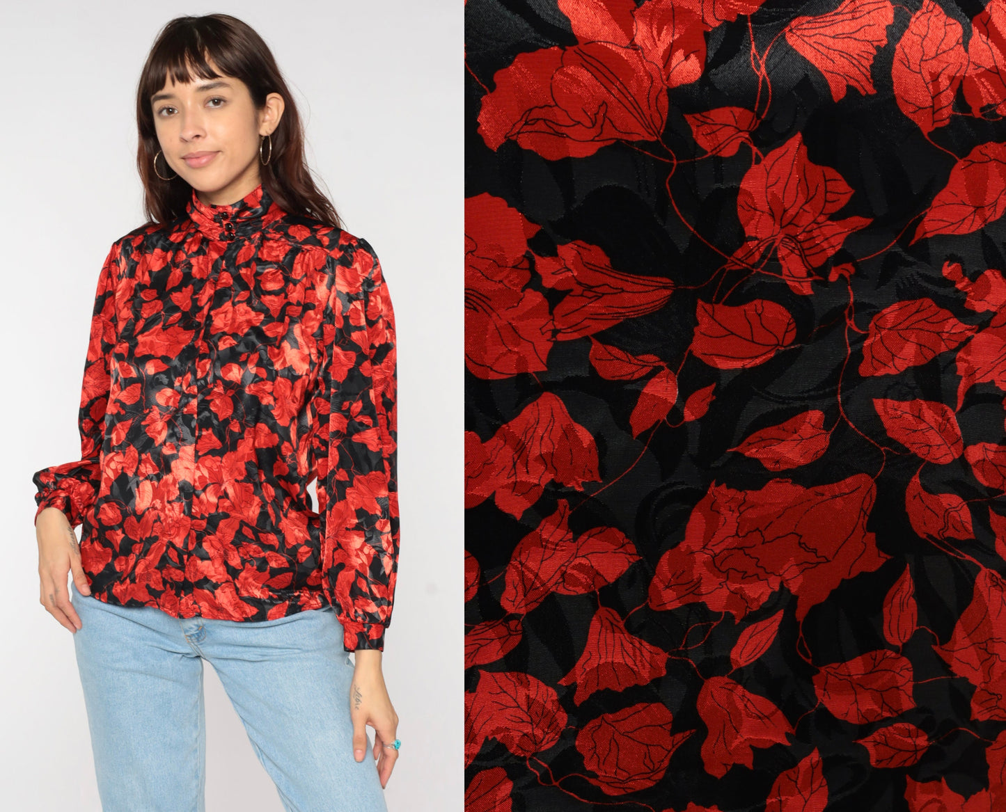 80s Black Red Floral Puff Sleeve Button-Up Blouse Small
