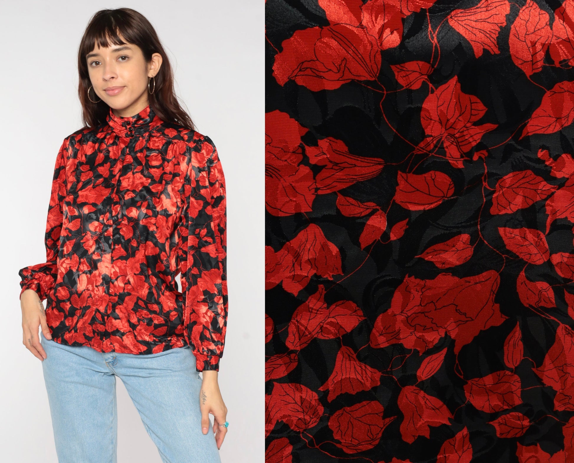 80s Black Red Floral Puff Sleeve Button-Up Blouse Small
