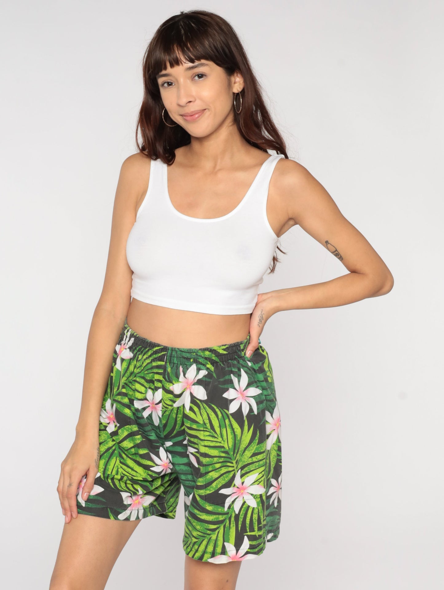 90s Tropical Leaf Floral Print Shorts High Waist Elastic Black Medium Large