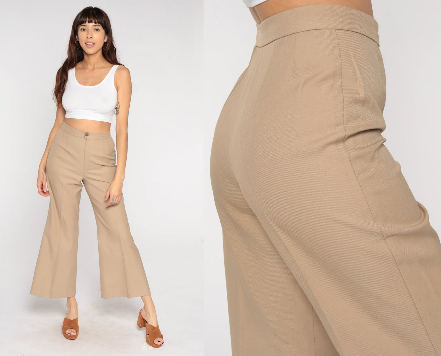 70s Tan High-Waisted Flared Trousers Small S