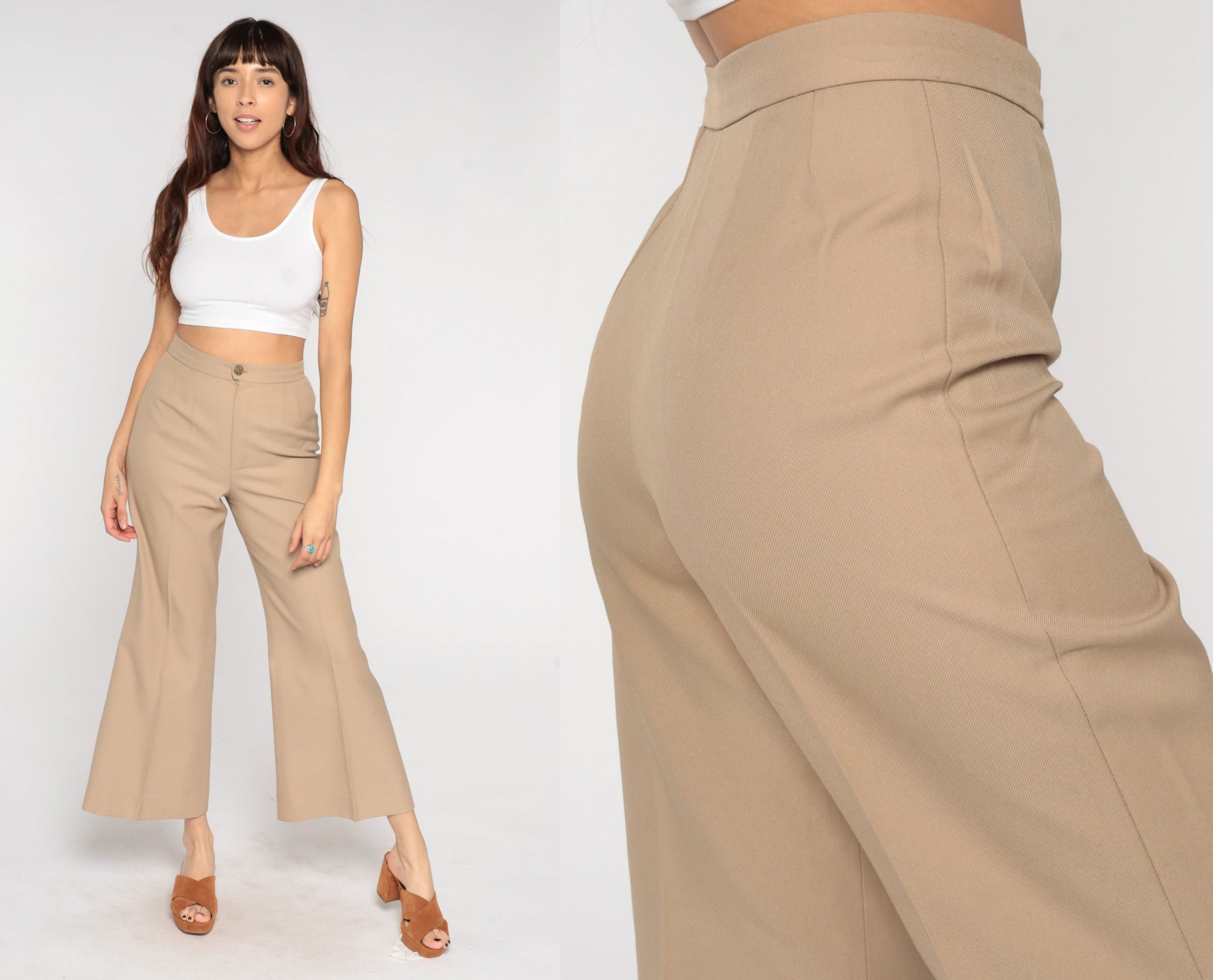 70s Tan High-Waisted Flared Trousers Small S
