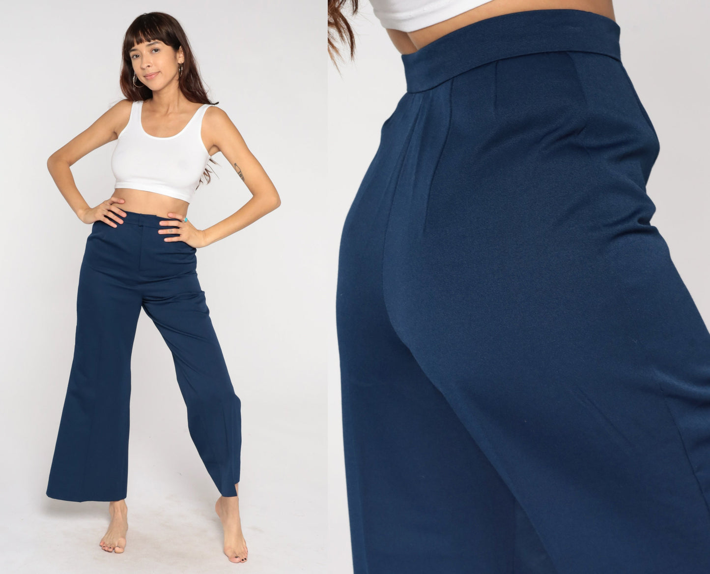 70s Navy Bell Bottom Trousers High Waist Flared Leg Small S