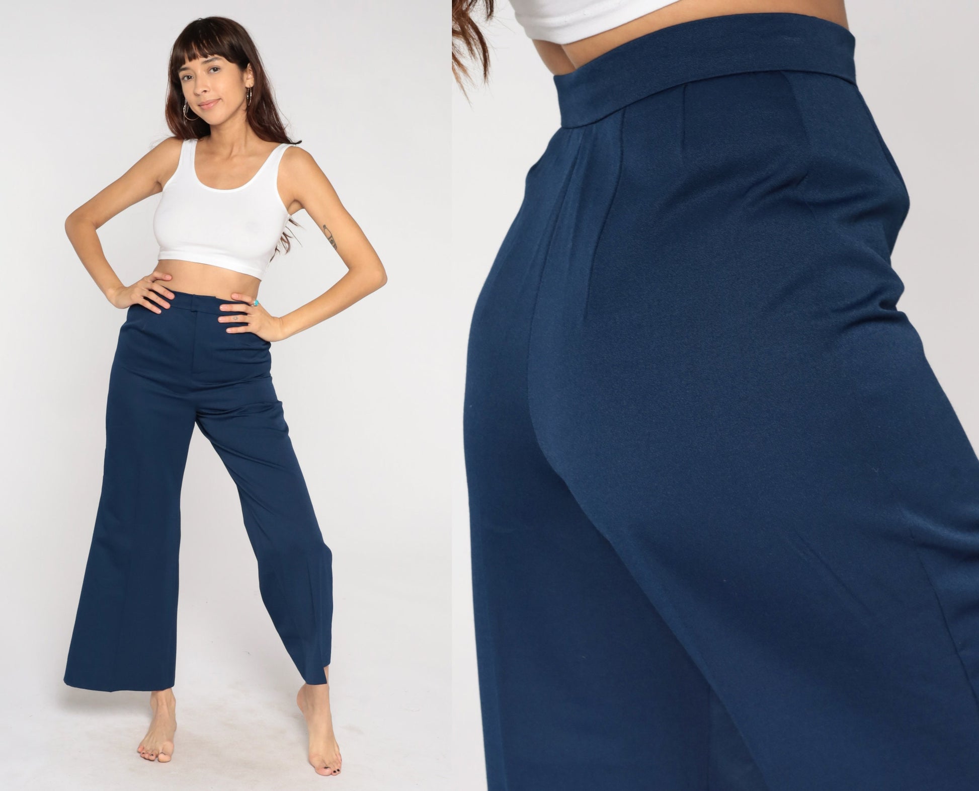 70s Navy Bell Bottom Trousers High Waist Flared Leg Small S