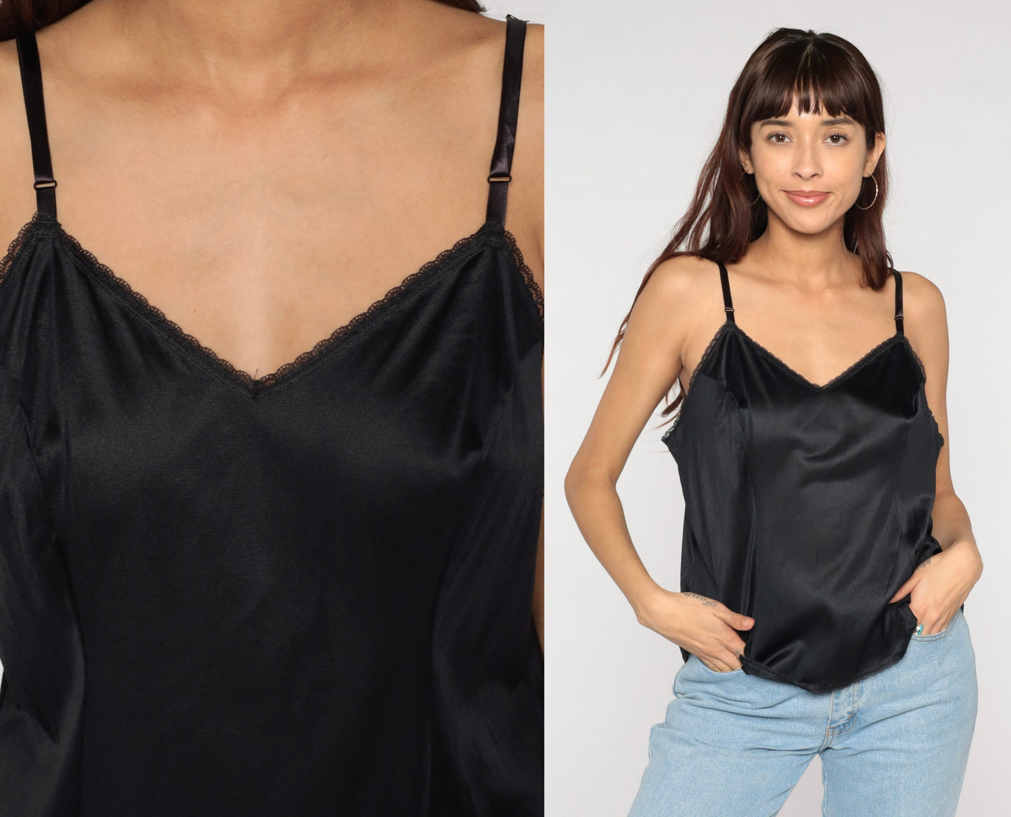 80s Black Nylon Camisole Spaghetti Strap Tank Top V-Neck Large