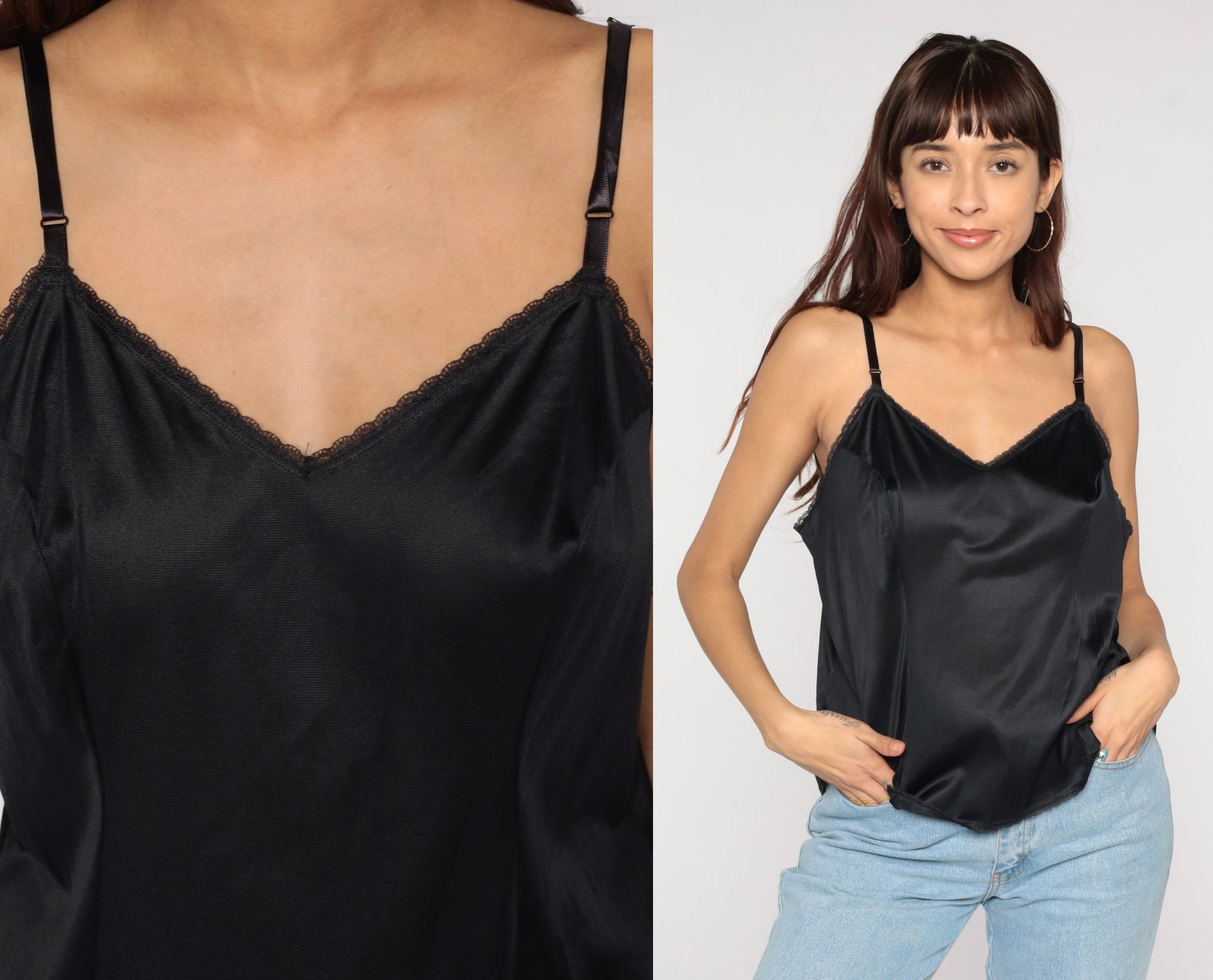 80s Black Nylon Camisole Spaghetti Strap Tank Top V-Neck Large