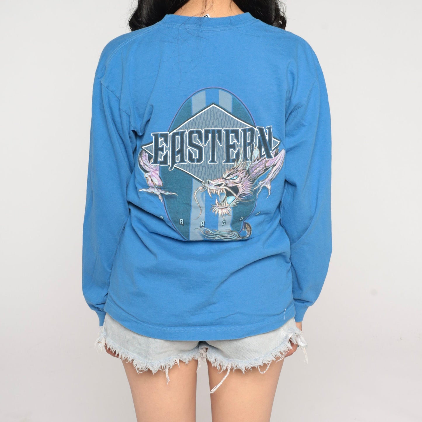 Y2K Eastern Dragon Long Sleeve Graphic Tee Blue Small