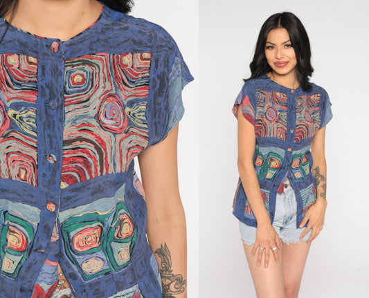 90s Abstract Swirl Print Button-Up Blouse Cap Sleeve Rayon Small S